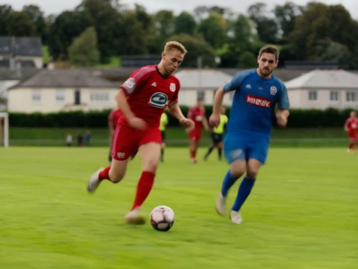 Footballers chasing the ball on a grass pitch