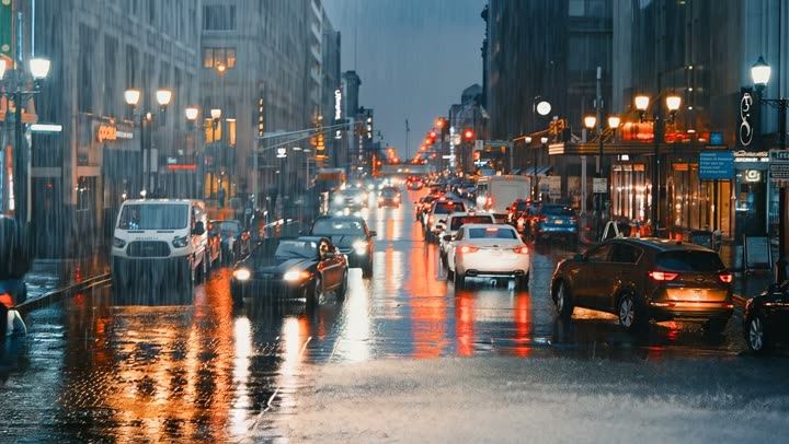 A rainy city street at dusk with cars and reflections