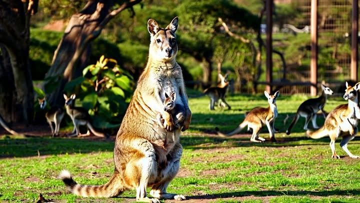 A kangaroo standing in a park with others behind it