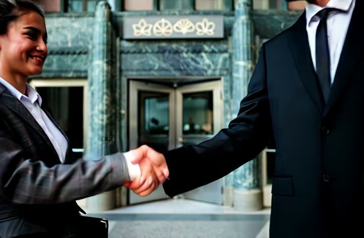 Two business people shaking hands outside a bank