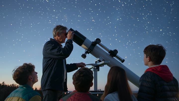A family looking through a telescope at night