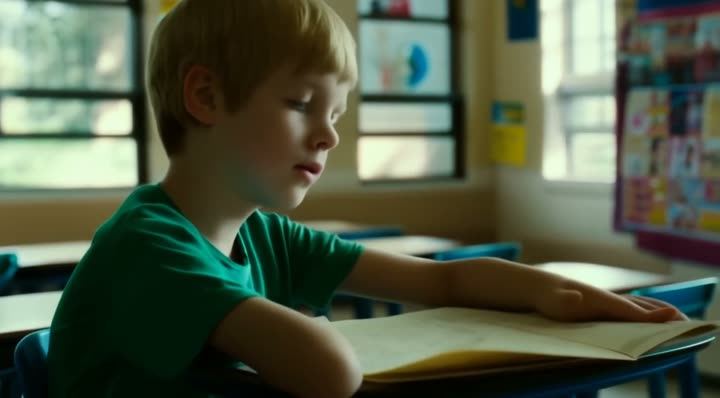 A boy reading a book at a desk in a classroom