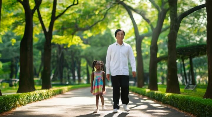 A man and a child walking in a tree-lined park