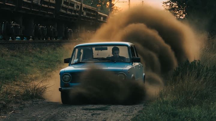 An old blue car speeding through a cloud of dust