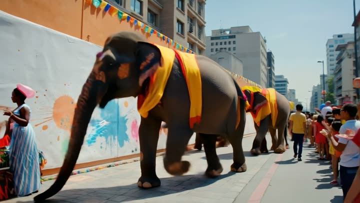 Decorated elephants walking down a city street past a mural