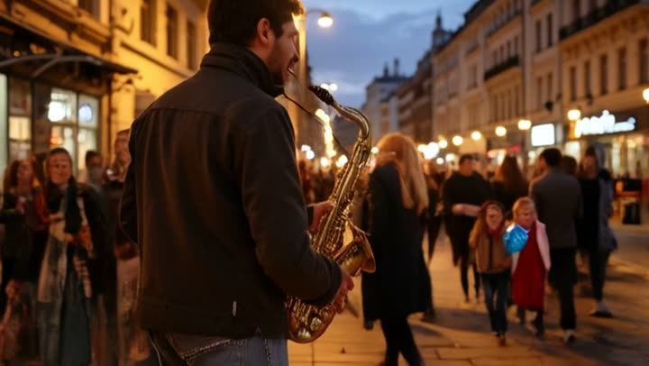A street musician playing to a crowd at night
