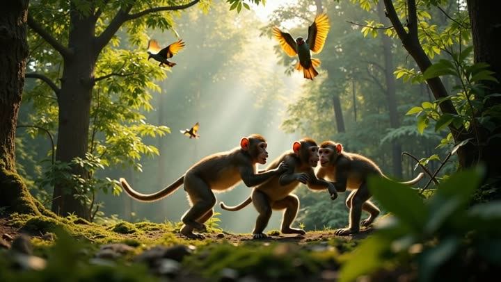 Monkeys and birds in a sunlit jungle
