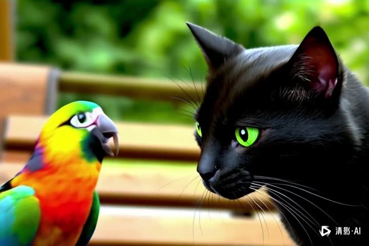 A parrot and a black cat side by side, with a small AI watermark in the corner