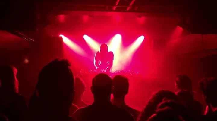 A crowd at a concert under red stage lights