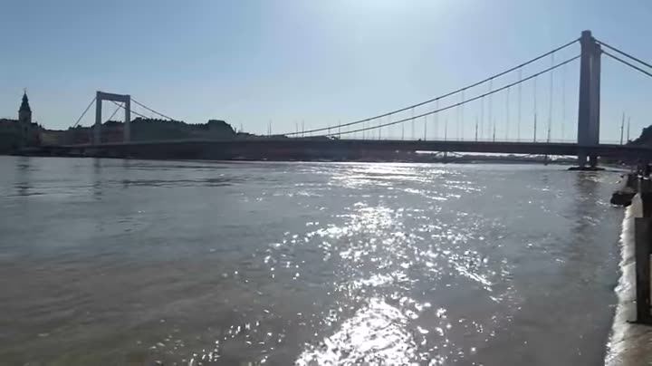 A river with a bridge in the distance, filmed into the sun