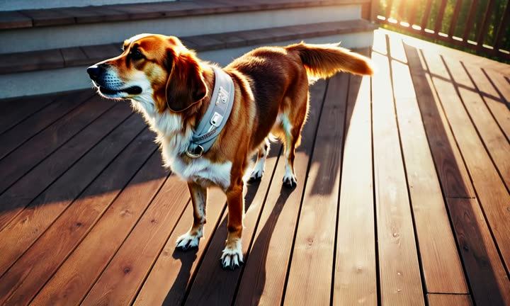 A beagle standing on a wooden deck in warm light