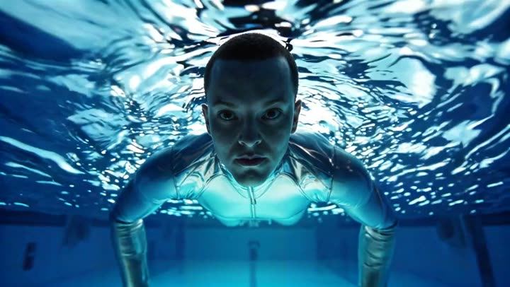 A man floating underwater looking up