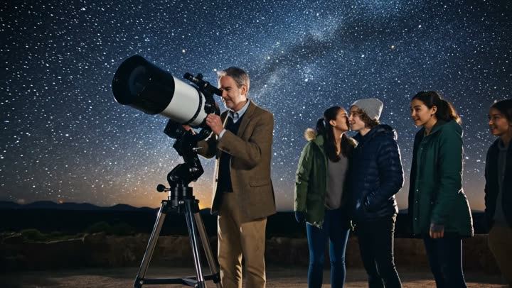 People gathered around a telescope under the Milky Way