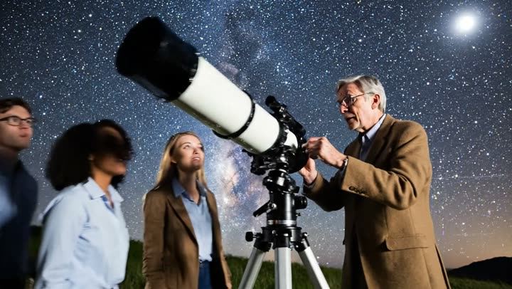 A group of people with a telescope under a starry sky