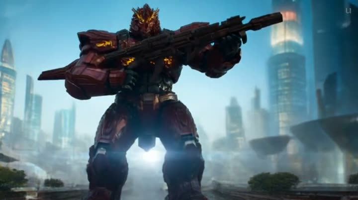 A giant robot in a futuristic city