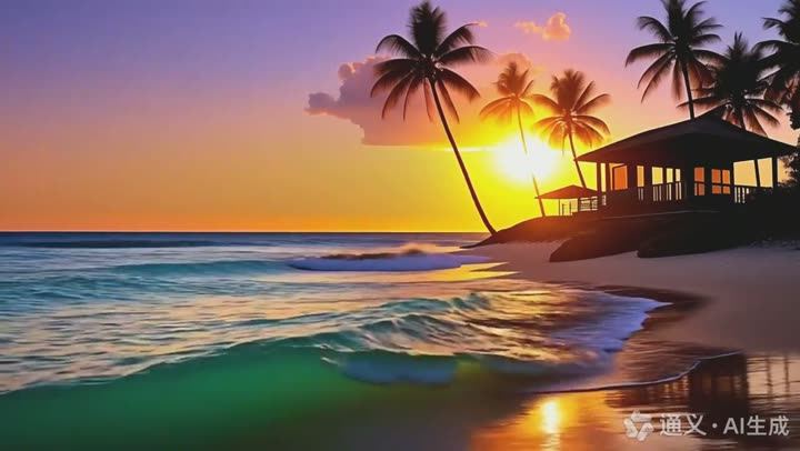 A tropical beach at sunset with a small AI watermark in the corner