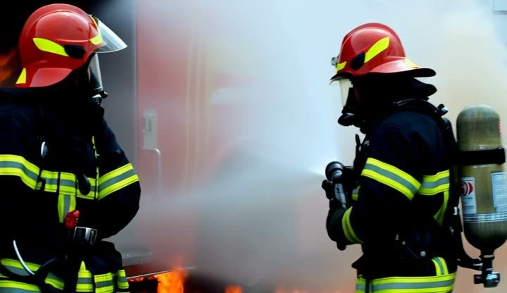 Firefighters in breathing gear in front of a fire
